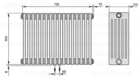 Схема (чертеж) Радиатор Zehnder Charleston 6090/16 №3470 Белый глянцевый RAL 9016